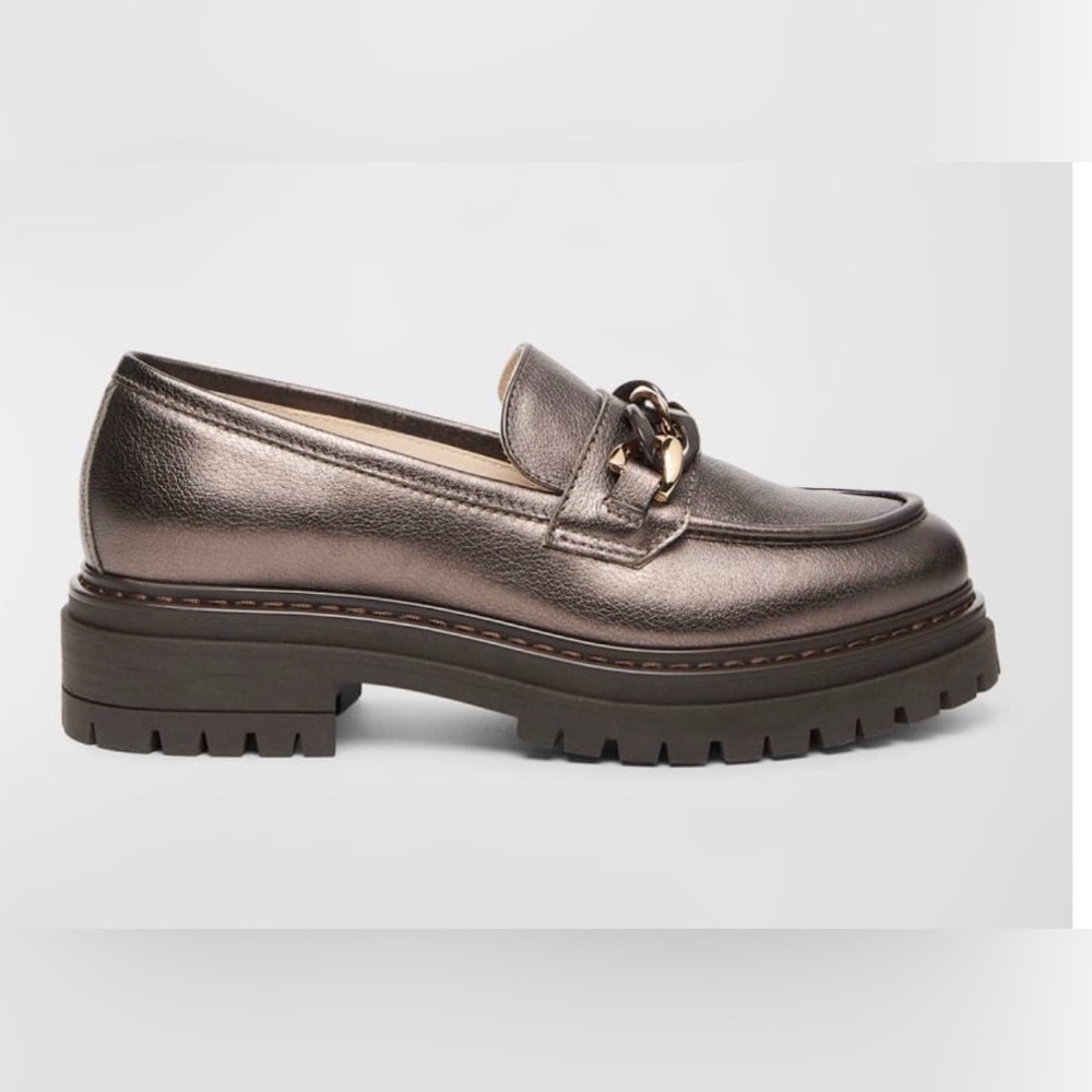 Nero Giardini Metallic Leather Chain Lug-Sole Loafers Size 39